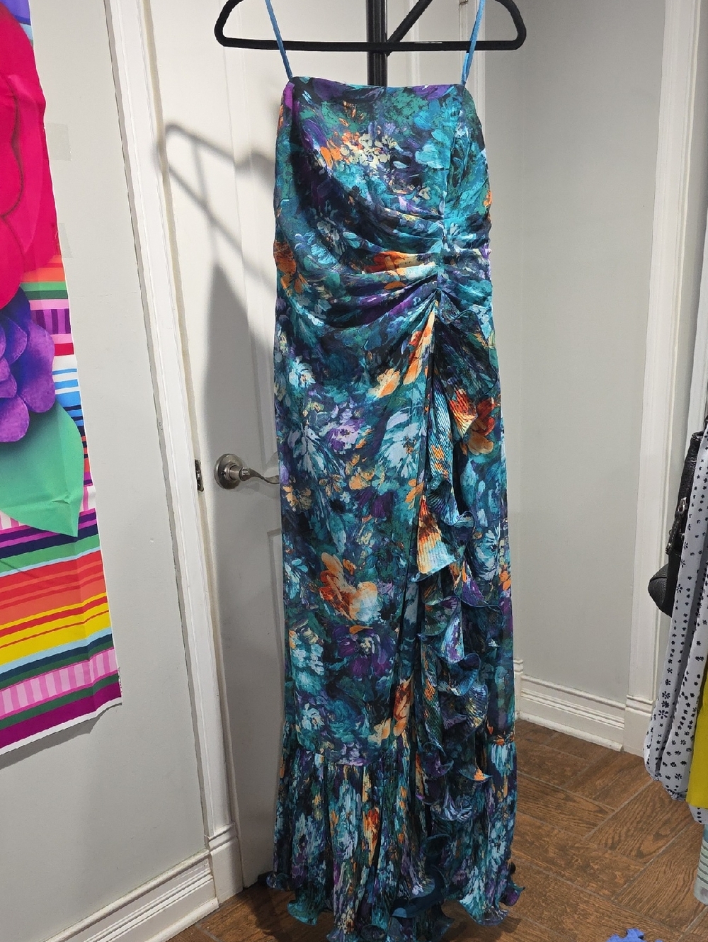 Xscape Teal Satin Spaghetti-Strap Dress